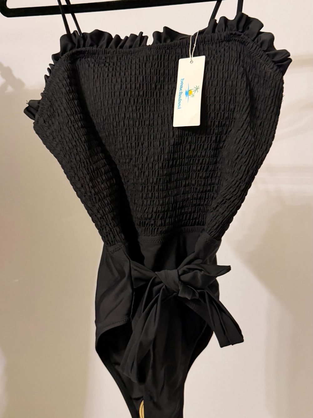 Smocked Black One-Piece Swimsuit with Tie Waist
